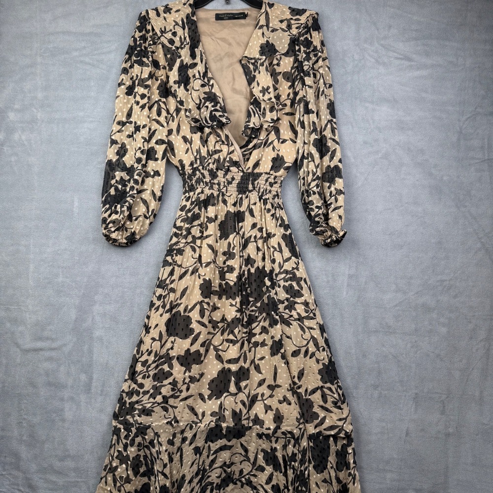 House of Harlow 1960 x REVOLVE Floral Maxi Dress Smocked Waist‎ Beige Black XXS